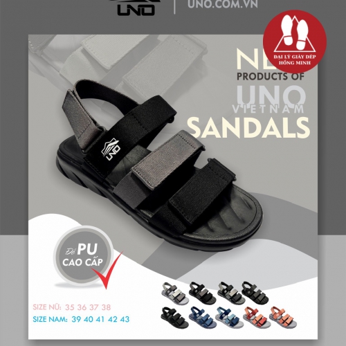 Sandal UNO 3 quai ngang dù 2 cỡ nam-nữ màu đen